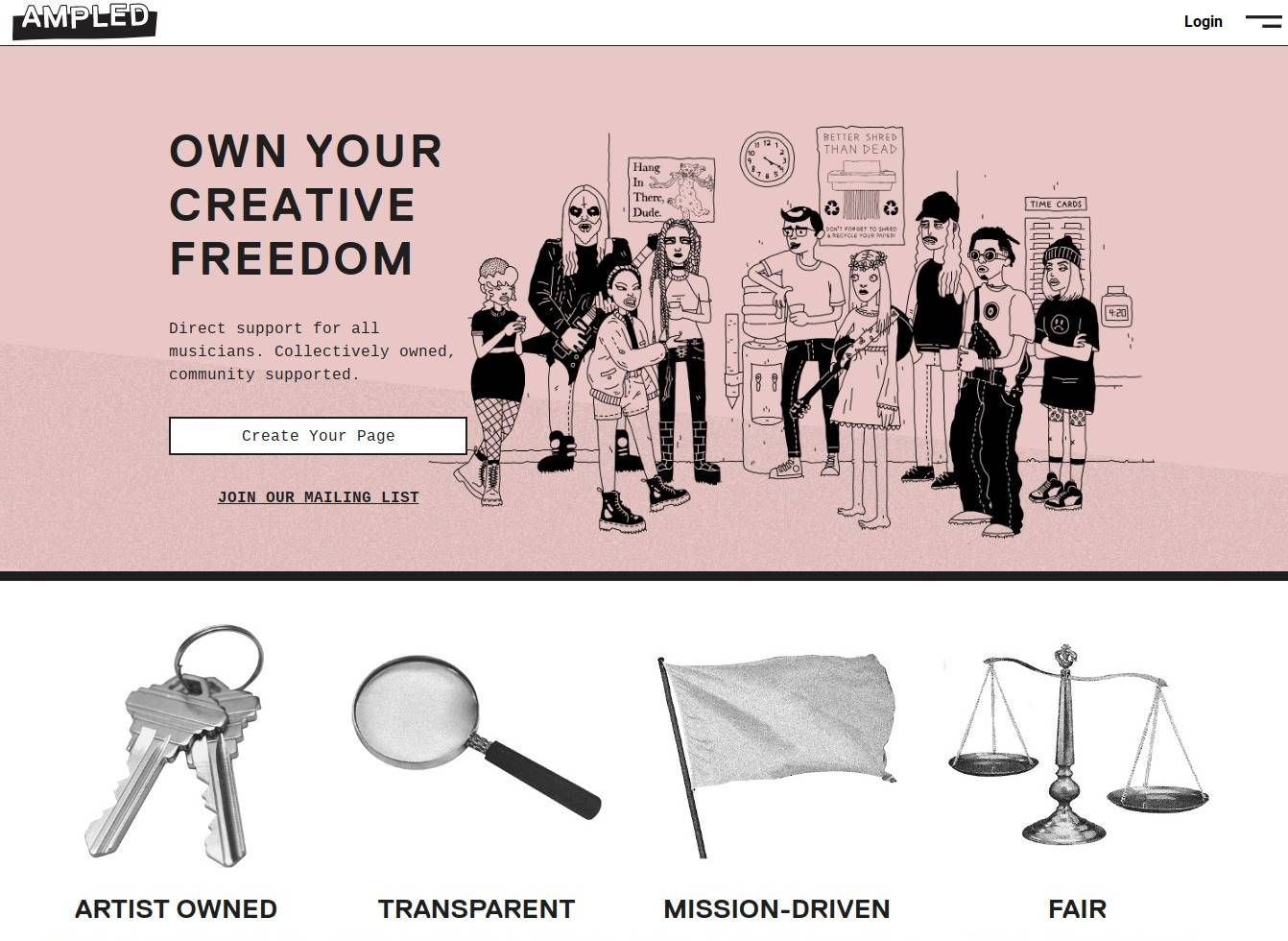 A screenshot of Ampled's front page, featuring the slogan "OWN YOUR CREATIVE FREEDOM" and a cartoon drawing of musicians