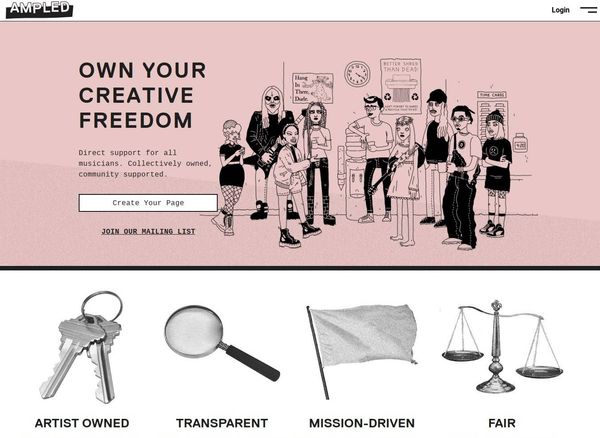 A screenshot of Ampled's front page, featuring the slogan "OWN YOUR CREATIVE FREEDOM" and a cartoon drawing of musicians